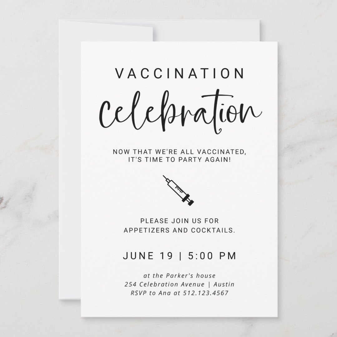Vaccination Party Modern Script Black and White Invitation Zazzle