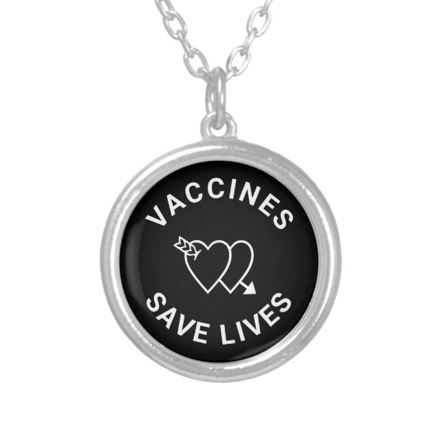 Vaccines save lives black white hearts cute  silver plated necklace (Front)