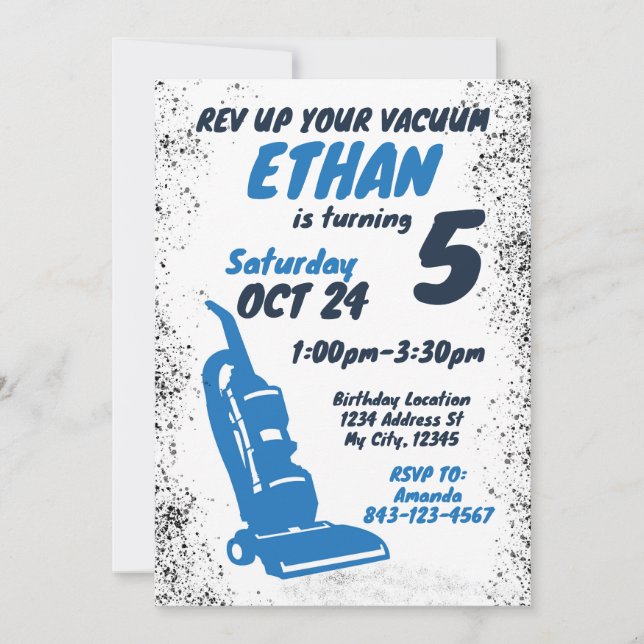 Vacuum cleaner birthday invitation BLUE (Front)