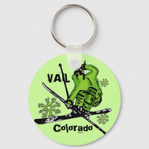 Vail Colorado neon green skier theme keychain