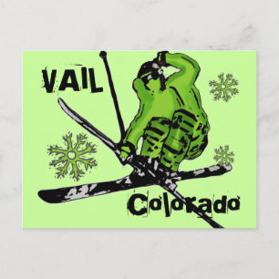 Vail Colorado neon green theme skier postcard