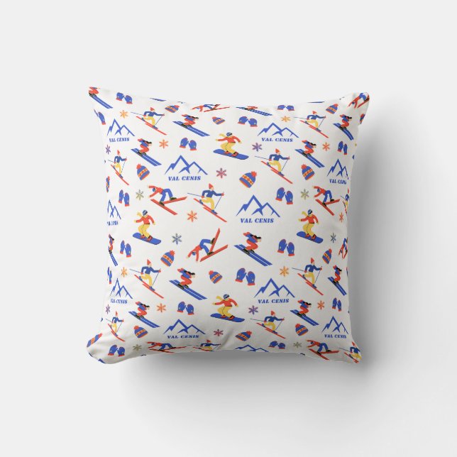 Val Cenis Savoie France Ski Snowboard Pattern Throw Pillow (Front)