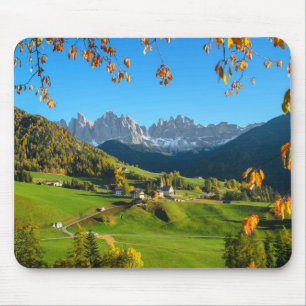 Val di Funes valley with autumn leaves mousepad
