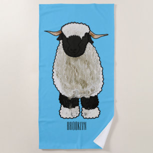 Valais Blacknose sheep cartoon illustration Beach Towel