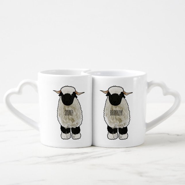 Valais Blacknose sheep cartoon illustration Coffee Mug Set (Back Nesting)