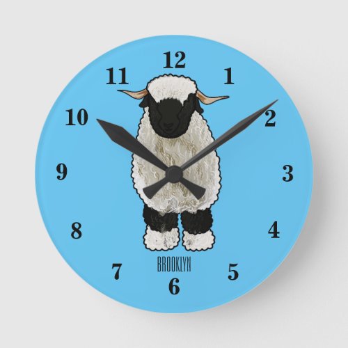 Valais Blacknose sheep cartoon illustration Round Clock