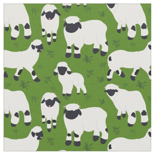 Valais Blacknose Sheep Illustrations on Green Fabric