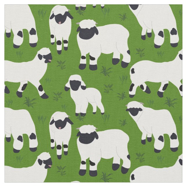 Valais Blacknose Sheep Illustrations on Green Fabric (Close Up)