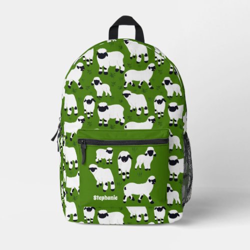 Valais Blacknose Sheep Illustrations on Green Printed Backpack