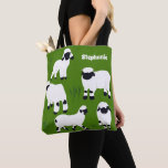 Valais Blacknose Sheep Personalized Farmers Tote Bag<br><div class="desc">Add a name to create an adorable personalized gift. Whether they're a farmer who raises sheep or just love sheep and other farm animals, they're sure to appreciate the illustrations of Valais Blacknose Sheep in white and black. The graphics are set against a grass green background with your name in...</div>
