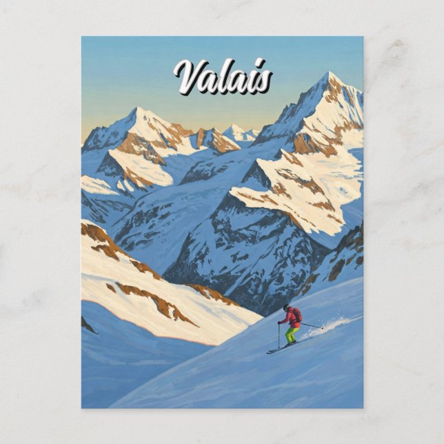 Valais Switzerland Skiing Skier Travel Postcard (Front)