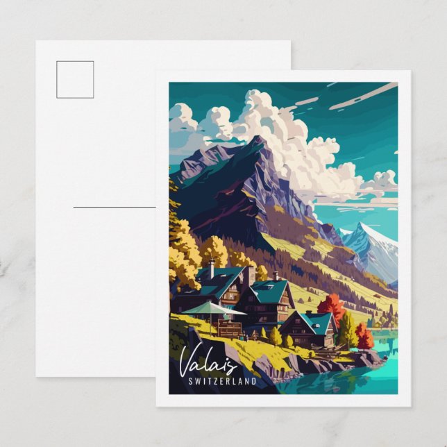 Valais Switzerland vintage travel illustration Postcard (Front/Back)