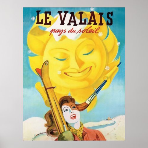 Valais Woman with ski under gently sun Poster