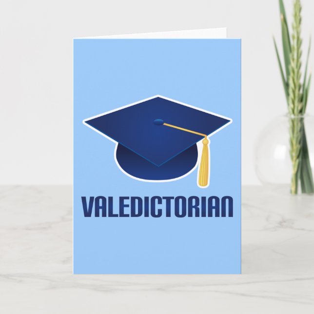 Valedictorian Blue Grad Hat Graduation Card (Front)
