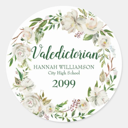 Valedictorian Graduation White Floral Personalized Classic Round Sticker