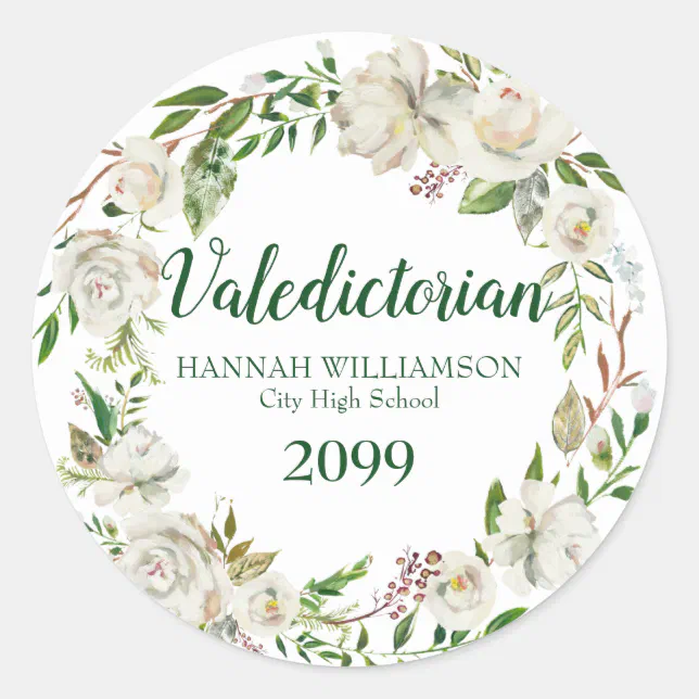 Valediction Sticker Valedictorian Graduation White Floral Personalized Classic Round ...