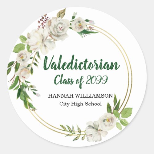 Valedictorian White Floral Personalized Graduation Classic Round Sticker