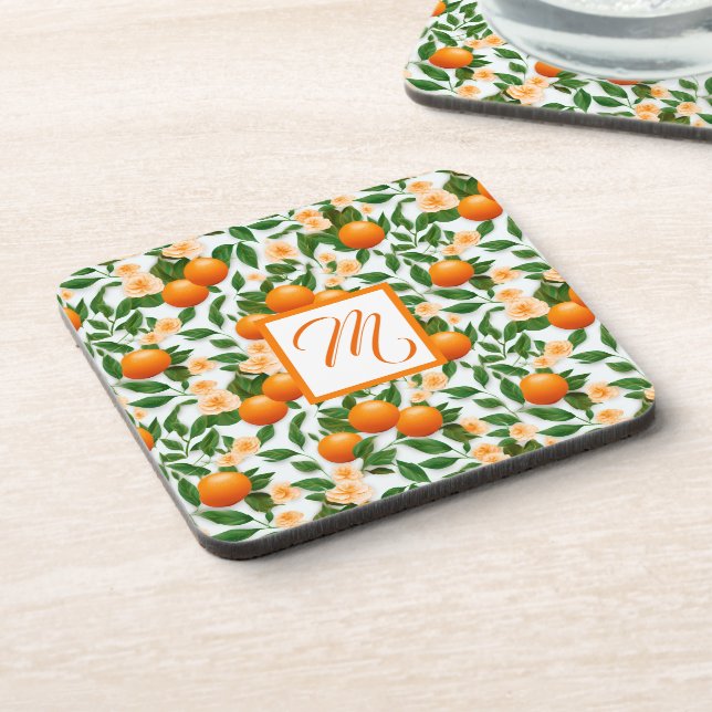 Valencia Orange Blossom Monogram Beverage Coaster (Left Side)