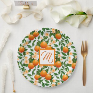 Valencia Orange Blossom Monogram Paper Plates