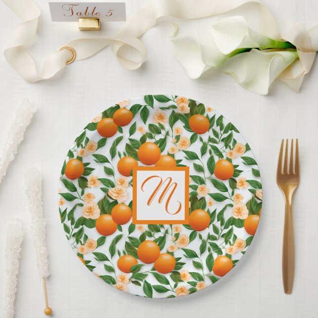 Valencia Orange Blossom Monogram Paper Plates (Wedding)