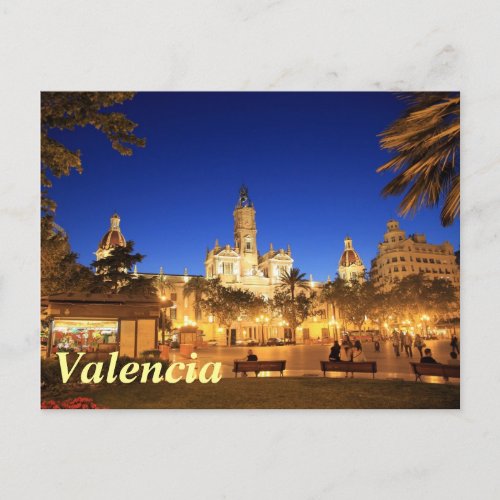 Valencia Plaza Ayuntamiento by Night Postcard