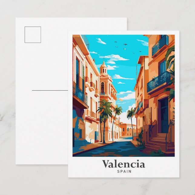 Valencia Spain Art Vintage Travel Illustration Postcard (Front/Back)