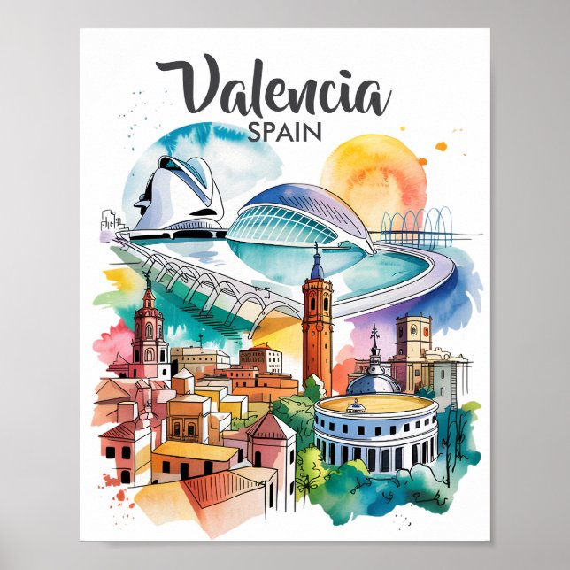 Valencia Spain Cityscape Watercolor Travel Custom Poster (Front)