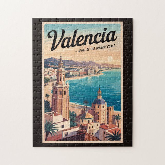 Valencia Spain Coast Illustration Travel Art Retro Jigsaw Puzzle (Vertical)