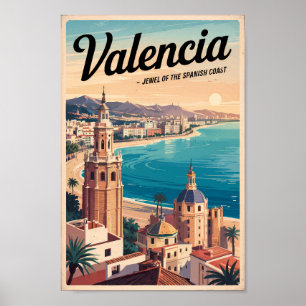 Valencia Spain Coast Illustration Travel Art Retro Poster