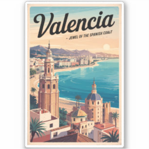 Valencia Spain Coast Illustration Travel Art Retro Sticker