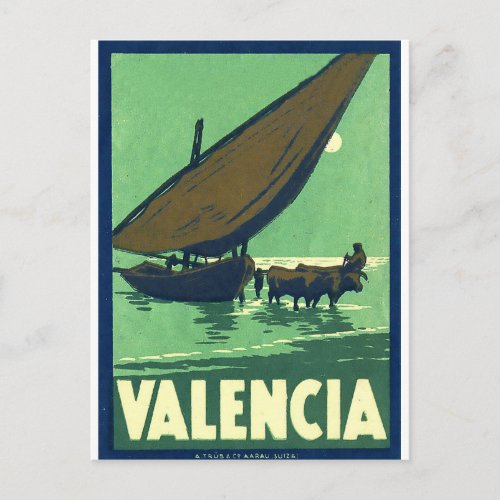 Valencia Spain fishing boat on sea vintage Postcard