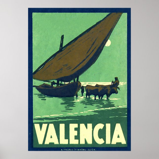 Valencia, Spain, fishing boat on sea, vintage Poster (Front)