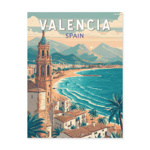 Valencia Spain Illustration Travel Art Vintage Postcard