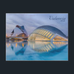 Valencia Spain Modern Architecture Postcard<br><div class="desc">Beautiful Valencia postcard featuring the City of Arts and Sciences center. The center was designed by famous architect Santiago Calatrava and proudly represents the amazing beauty of modern Spanish architecture. Another captivating element of the image are the lights coming out of the building and reflecting in the water.</div>
