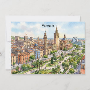Valencia Spain Watercolor City View Retro Travel Invitation