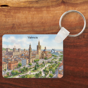 Valencia Spain Watercolor City View Retro Travel Keychain