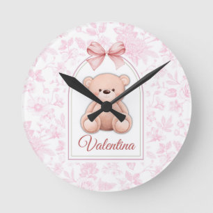 Valentina Custom Pink Teddy Bear Nursery Design Round Clock