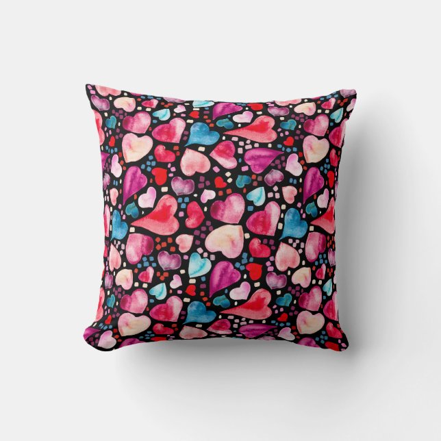 Valentina- Watercolor Hearts and Confetti on Black Throw Pillow (Front)