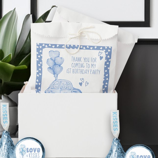 Valentine 1st Birthday Blue Balloon and Car Favor Bag (Favor Bags - from my Car and Balloons Valentine Birthday Collection)