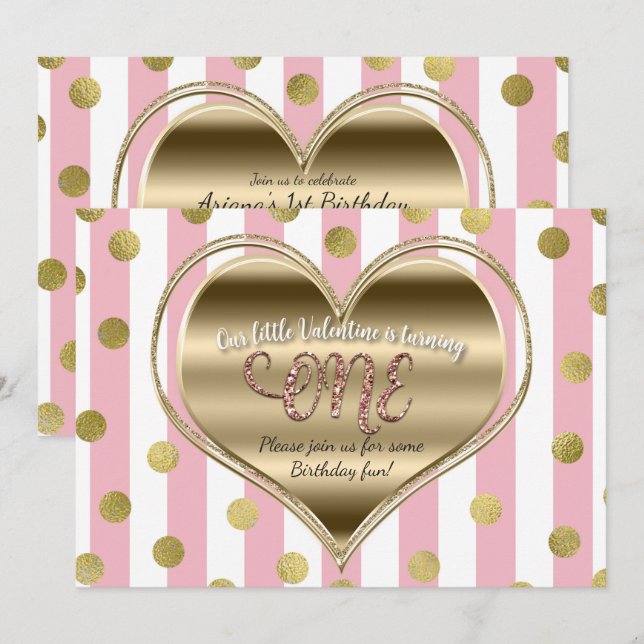 Valentine 1st Birthday ONE Gold Heart Pink Stripes Invitation (Front/Back)