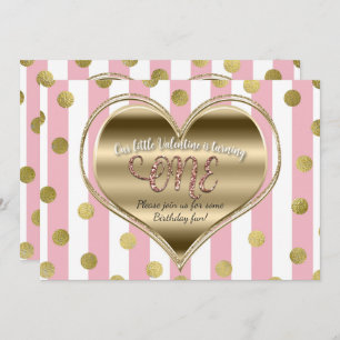 Valentine 1st Birthday ONE Gold Heart Pink Stripes Invitation