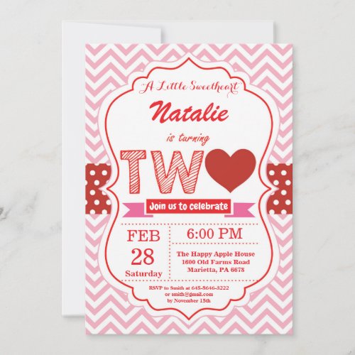 Valentine 2nd Second Birthday Little Sweetheart Invitation