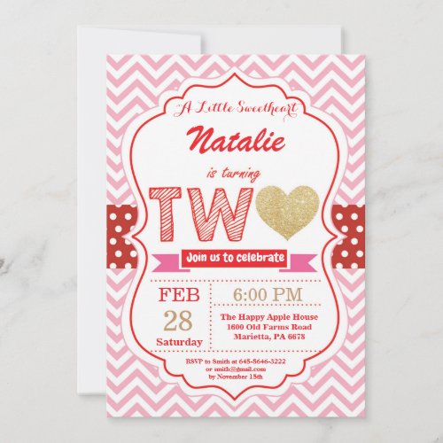 Valentine 2nd Second Birthday Little Sweetheart Invitation