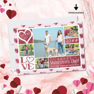 Valentine 5 Photo Collage Wine Watercolor Hearts Holiday Card