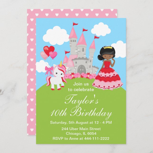 Valentine African American Princess Birthday Invitation (Front/Back)