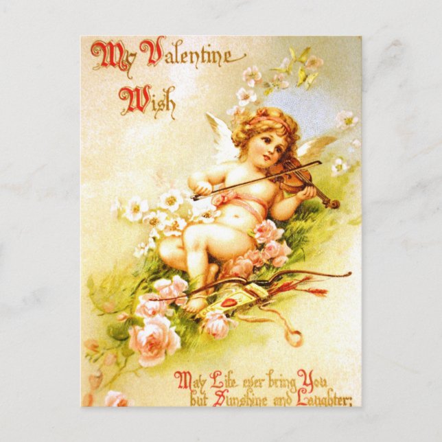 Valentine Angel Violin Vintage Postcard Cupid Art (Front)
