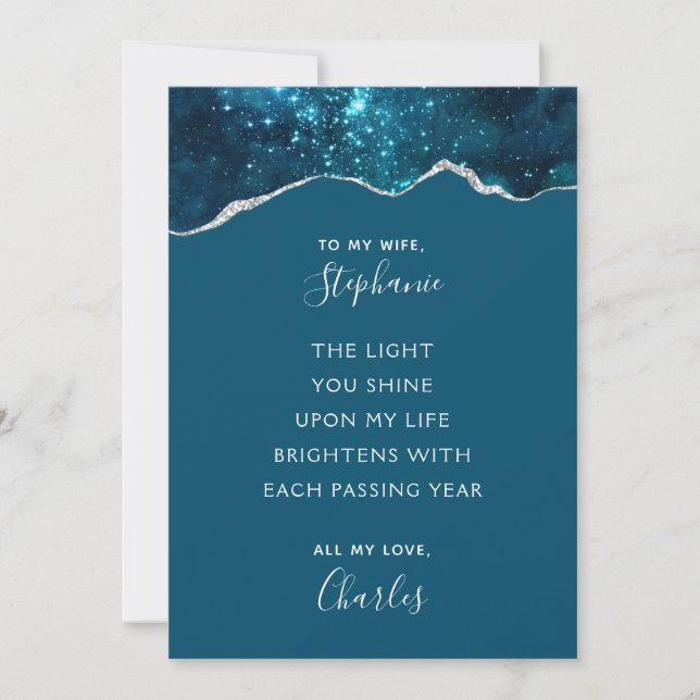 Valentine Anniversary Romantic Poem Teal Galaxy Holiday Card (Front)