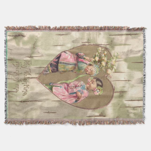 Valentine Asian Girls Antique Postcard Throw Blanket (Front)