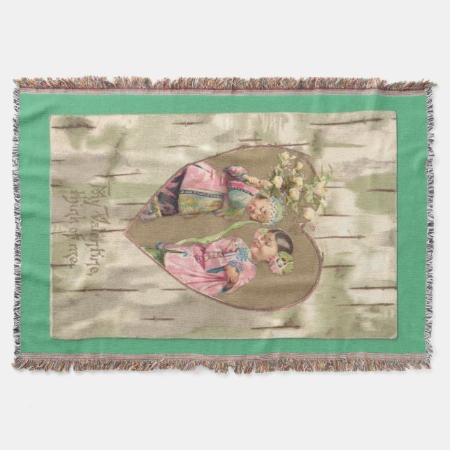 Valentine Asian Girls Antique Postcard Throw Blanket (Front)