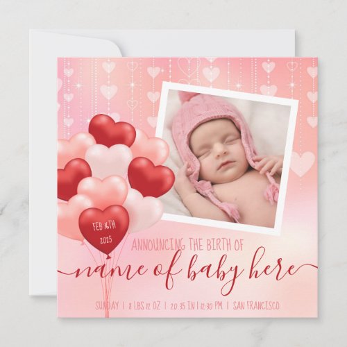 Valentine Baby Hearts Balloons February Birth News Announcement